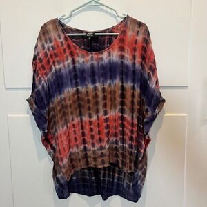 Bobeau Tie Dye Dolman Sleeve Hi Low Top Womens Size Large‎ Red Purple Brown Boho